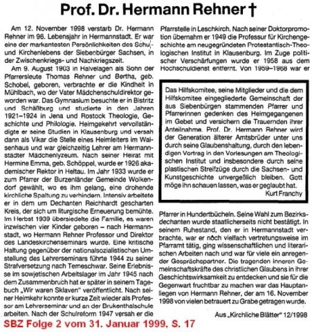 Rehner Hermann 1903-1999 Nachruf